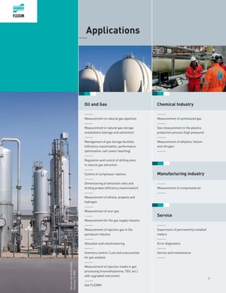 7
	Applications_____
Oil and Gas
______
Measurement on natural gas pipelines
______
Measurement in natural gas storage
installations (storage and extraction)
______
Management of gas storage facilities
(efficiency maximization, performance
optimization, salt cavern leaching)
______
Regulation and control of drilling sites
in natural gas extraction
______
Control of compressor stations
______
Dimensioning of extraction sites and
drilling probes (efficiency maximization)
______
Measurement of ethane, propane and
hydrogen
______
Measurement of sour gas
______
Measurement for the gas supply industry
______
Measurement of injection gas in the
petroleum industry
______
Allocation and checkmetering
______
Inventory control / Lost and unaccounted
for gas analysis
______
Measurement of injection media in gas
processing (monoethylamine, TEG, etc.)
with upgraded instrument.
______
Ask FLEXIM!
GasstoragefacilityKalle,
Germany,©RWE
Chemical Industry
	
______
Measurement of synthesized gas
______
Gas measurement in the plastics
production process (high pressure)
______
Measurement of ethylene, helium
and nitrogen
______
Manufacturing industry
______
Measurement of compressed air
______
Service
______
Supervision of permanently installed
meters
______
Error diagnostics
______
Service and maintenance
______
 