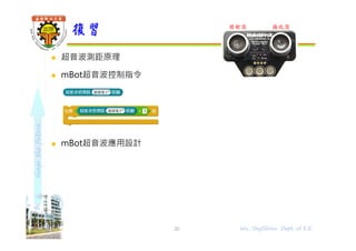 shapethefuture
 超音波測距原理
 mBot超音波控制指令
 mBot超音波應用設計
復習
20 Wu, ShyiShiou Dept. of E.E.
發射器 接收器
 