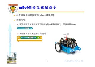 shapethefuture
 超音波模組預設是接到mCore連接埠3
 控制指令
 讀取超音波感應器偵測距離值 (到小數點第3位)，回傳值單位cm
 搭配運算指令及控制指令使用
mBot超音波模組指令
6 Wu, ShyiShiou Dept. of E.E.
連接埠3
 