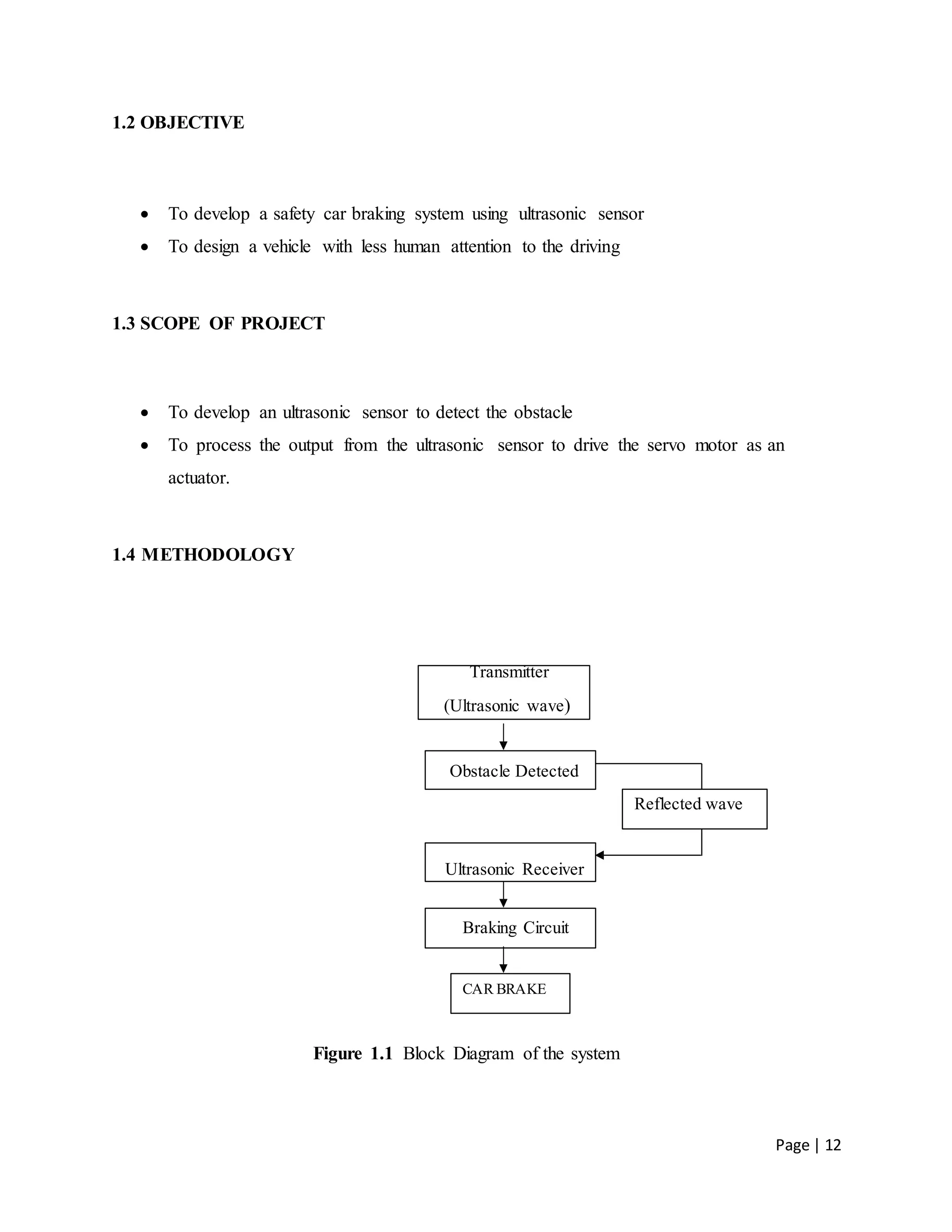 Page | 12
1.2 OBJECTIVE
 To develop a safety car braking system using ultrasonic sensor
 To design a vehicle with less human attention to the driving
1.3 SCOPE OF PROJECT
 To develop an ultrasonic sensor to detect the obstacle
 To process the output from the ultrasonic sensor to drive the servo motor as an
actuator.
1.4 METHODOLOGY
Transmitter
(Ultrasonic wave)
Obstacle Detected
Reflected wave
Ultrasonic Receiver
Braking Circuit
CAR BRAKE
Figure 1.1 Block Diagram of the system
 