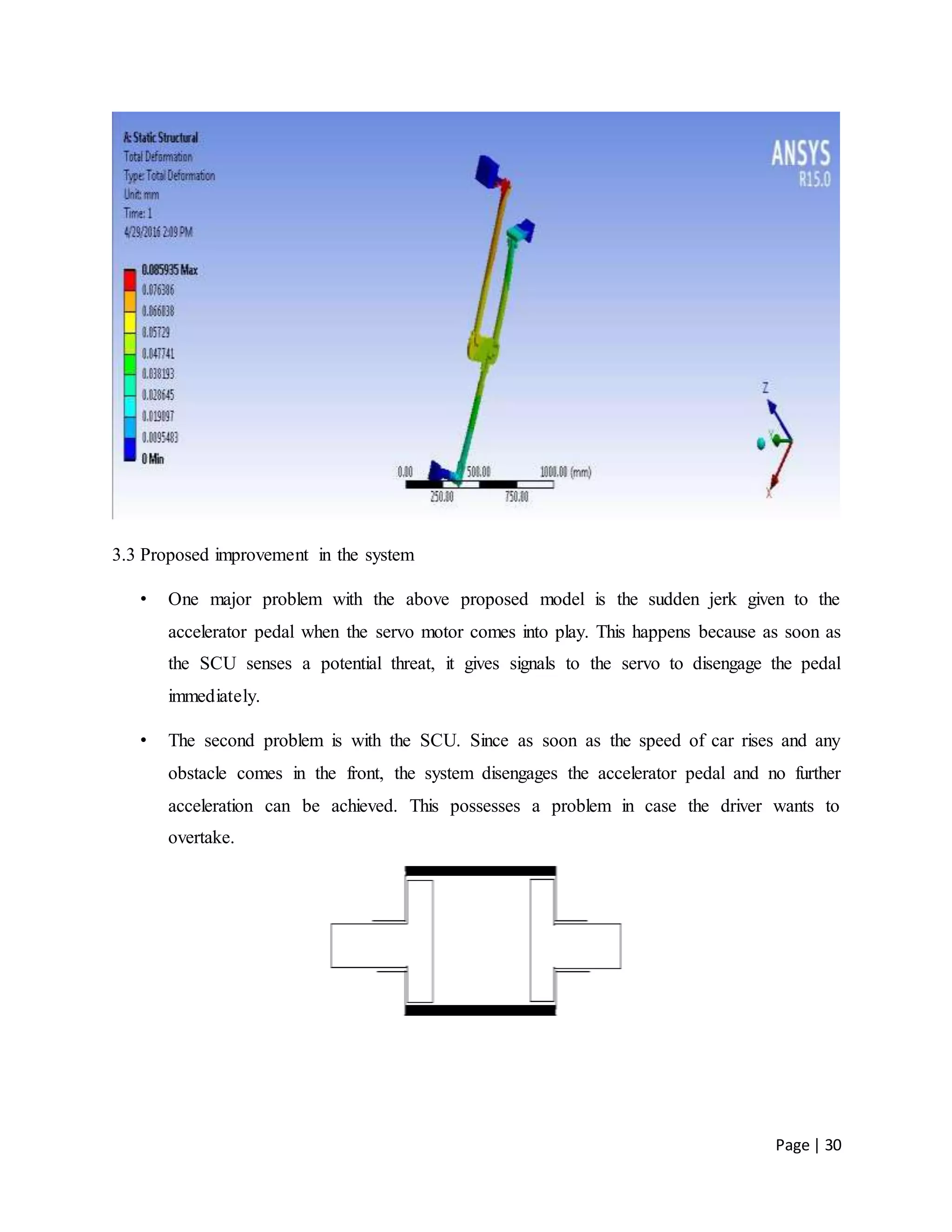 Page | 30
3.3 Proposed improvement in the system
• One major problem with the above proposed model is the sudden jerk given to the
accelerator pedal when the servo motor comes into play. This happens because as soon as
the SCU senses a potential threat, it gives signals to the servo to disengage the pedal
immediately.
• The second problem is with the SCU. Since as soon as the speed of car rises and any
obstacle comes in the front, the system disengages the accelerator pedal and no further
acceleration can be achieved. This possesses a problem in case the driver wants to
overtake.
 