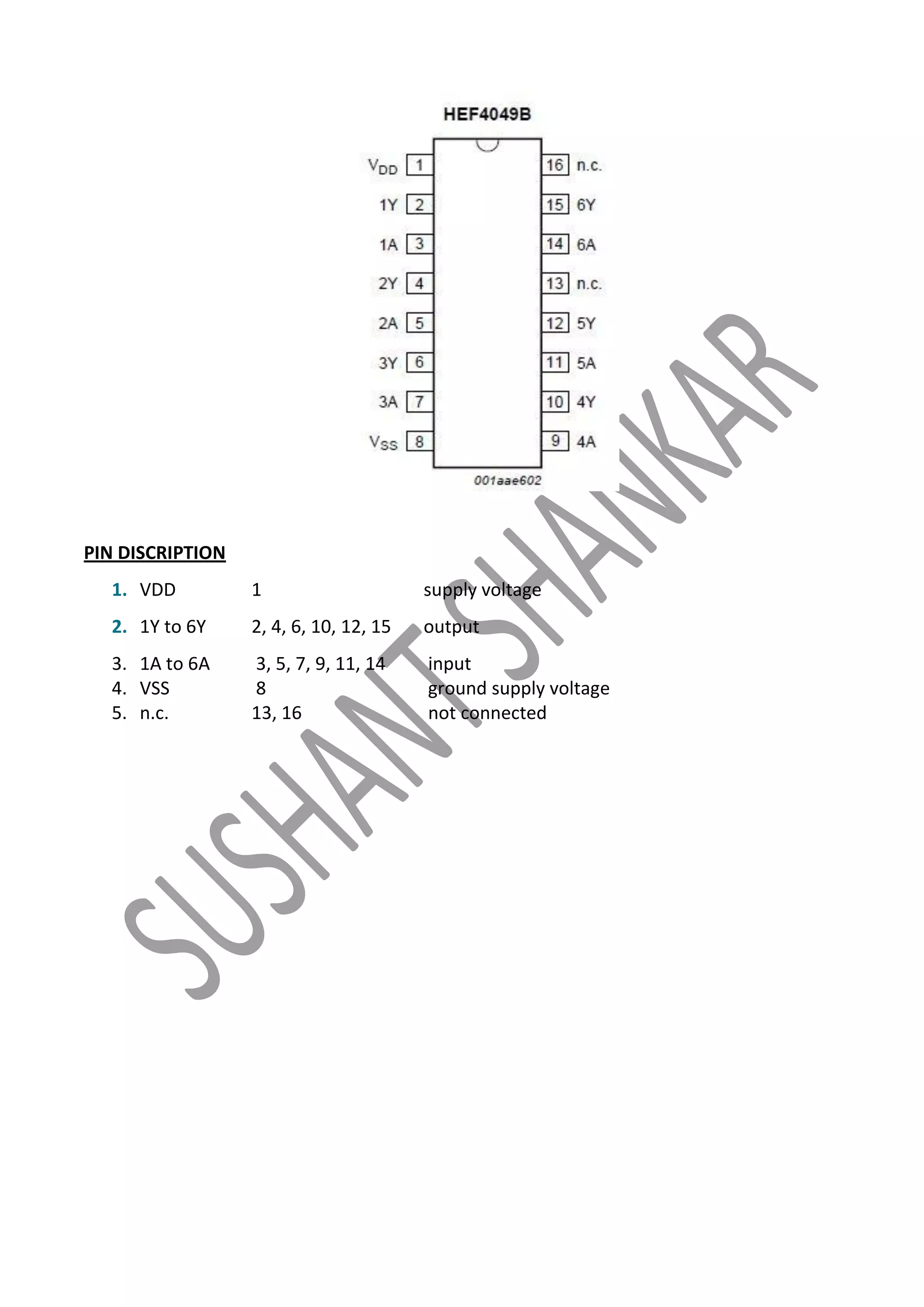 PIN DISCRIPTION
1. VDD

1

supply voltage

2. 1Y to 6Y

2, 4, 6, 10, 12, 15

output

3. 1A to 6A
4. VSS
5. n.c.

3, 5, 7, 9, 11, 14
8
13, 16

input
ground supply voltage
not connected

 