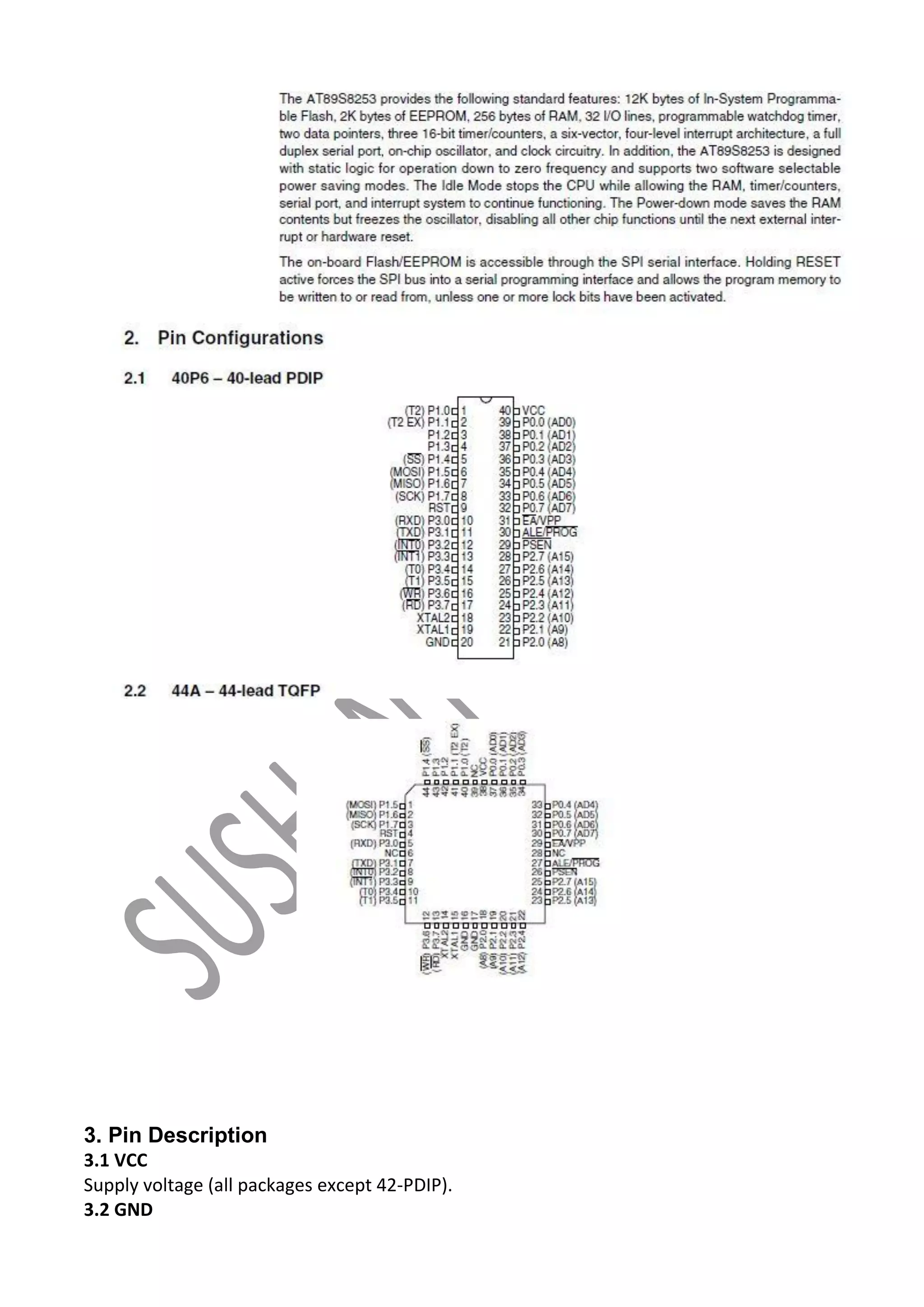 3. Pin Description
3.1 VCC
Supply voltage (all packages except 42-PDIP).
3.2 GND

 