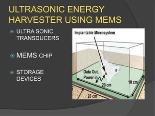 ULTRASONIC ENERGY
HARVESTER USING MEMS
   ULTRA SONIC
    TRANSDUCERS


 MEMS CHIP

   STORAGE
    DEVICES
 