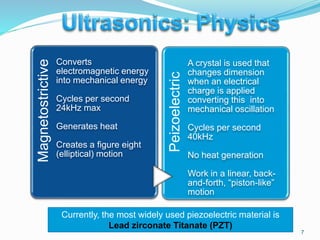 7
Currently, the most widely used piezoelectric material is
Lead zirconate Titanate (PZT)
Magnetostrictive
Converts
electromagnetic energy
into mechanical energy
Cycles per second
24kHz max
Generates heat
Creates a figure eight
(elliptical) motion
Peizoelectric
A crystal is used that
changes dimension
when an electrical
charge is applied
converting this into
mechanical oscillation
Cycles per second
40kHz
No heat generation
Work in a linear, back-
and-forth, “piston-like”
motion
 