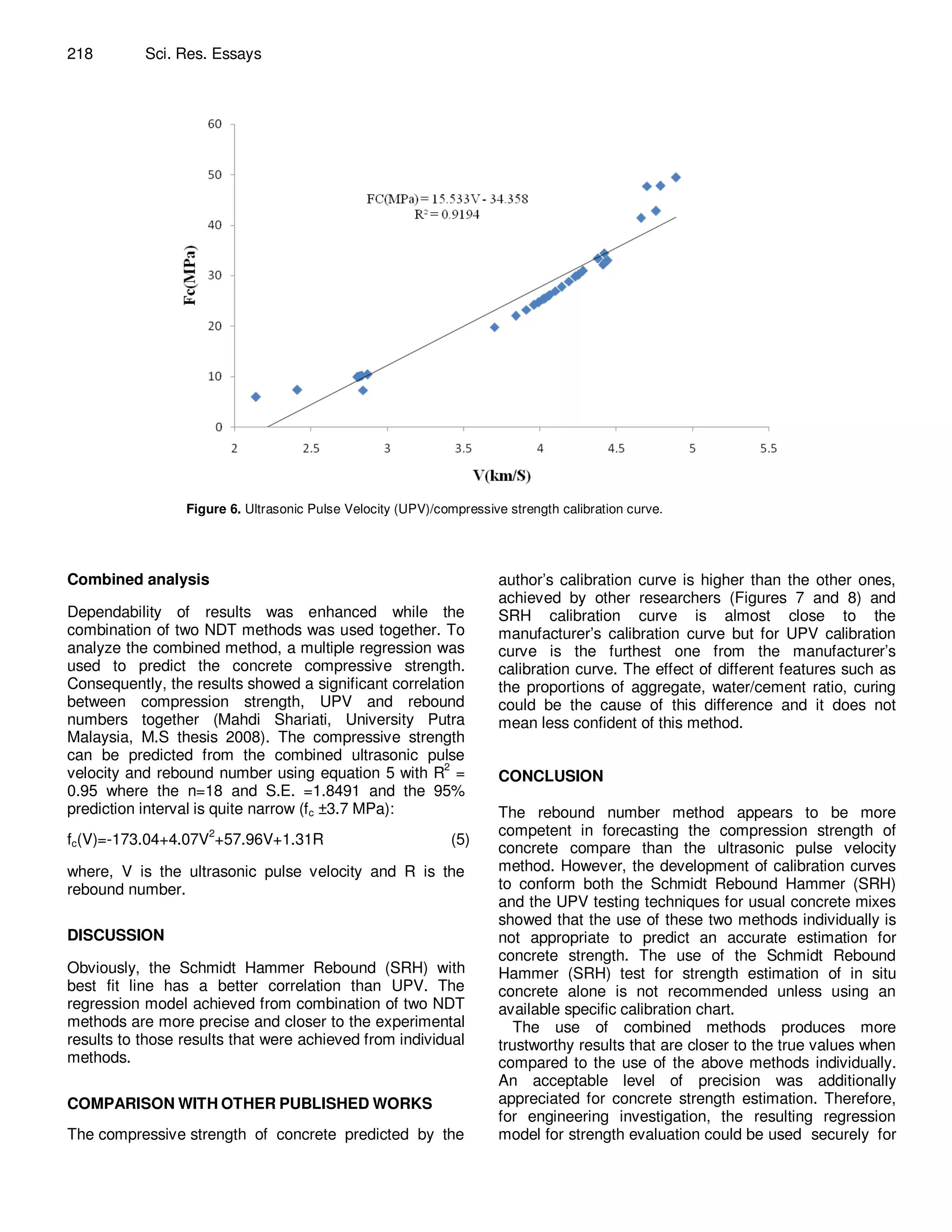 218        Sci. Res. Essays




                 Figure 6. Ultrasonic Pulse Velocity (UPV)/compressive strength calibration curve.




Combined analysis                                                     author’s calibration curve is higher than the other ones,
                                                                      achieved by other researchers (Figures 7 and 8) and
Dependability of results was enhanced while the                       SRH calibration curve is almost close to the
combination of two NDT methods was used together. To                  manufacturer’s calibration curve but for UPV calibration
analyze the combined method, a multiple regression was                curve is the furthest one from the manufacturer’s
used to predict the concrete compressive strength.                    calibration curve. The effect of different features such as
Consequently, the results showed a significant correlation            the proportions of aggregate, water/cement ratio, curing
between compression strength, UPV and rebound                         could be the cause of this difference and it does not
numbers together (Mahdi Shariati, University Putra                    mean less confident of this method.
Malaysia, M.S thesis 2008). The compressive strength
can be predicted from the combined ultrasonic pulse
velocity and rebound number using equation 5 with R2 =                CONCLUSION
0.95 where the n=18 and S.E. =1.8491 and the 95%
prediction interval is quite narrow (f c ±3.7 MPa):                   The rebound number method appears to be more
                     2                                                competent in forecasting the compression strength of
fc(V)=-173.04+4.07V +57.96V+1.31R                            (5)
                                                                      concrete compare than the ultrasonic pulse velocity
where, V is the ultrasonic pulse velocity and R is the                method. However, the development of calibration curves
rebound number.                                                       to conform both the Schmidt Rebound Hammer (SRH)
                                                                      and the UPV testing techniques for usual concrete mixes
                                                                      showed that the use of these two methods individually is
DISCUSSION                                                            not appropriate to predict an accurate estimation for
                                                                      concrete strength. The use of the Schmidt Rebound
Obviously, the Schmidt Hammer Rebound (SRH) with                      Hammer (SRH) test for strength estimation of in situ
best fit line has a better correlation than UPV. The                  concrete alone is not recommended unless using an
regression model achieved from combination of two NDT                 available specific calibration chart.
methods are more precise and closer to the experimental                  The use of combined methods produces more
results to those results that were achieved from individual           trustworthy results that are closer to the true values when
methods.                                                              compared to the use of the above methods individually.
                                                                      An acceptable level of precision was additionally
COMPARISON WITH OTHER PUBLISHED WORKS                                 appreciated for concrete strength estimation. Therefore,
                                                                      for engineering investigation, the resulting regression
The compressive strength of concrete predicted by the                 model for strength evaluation could be used securely for
 
