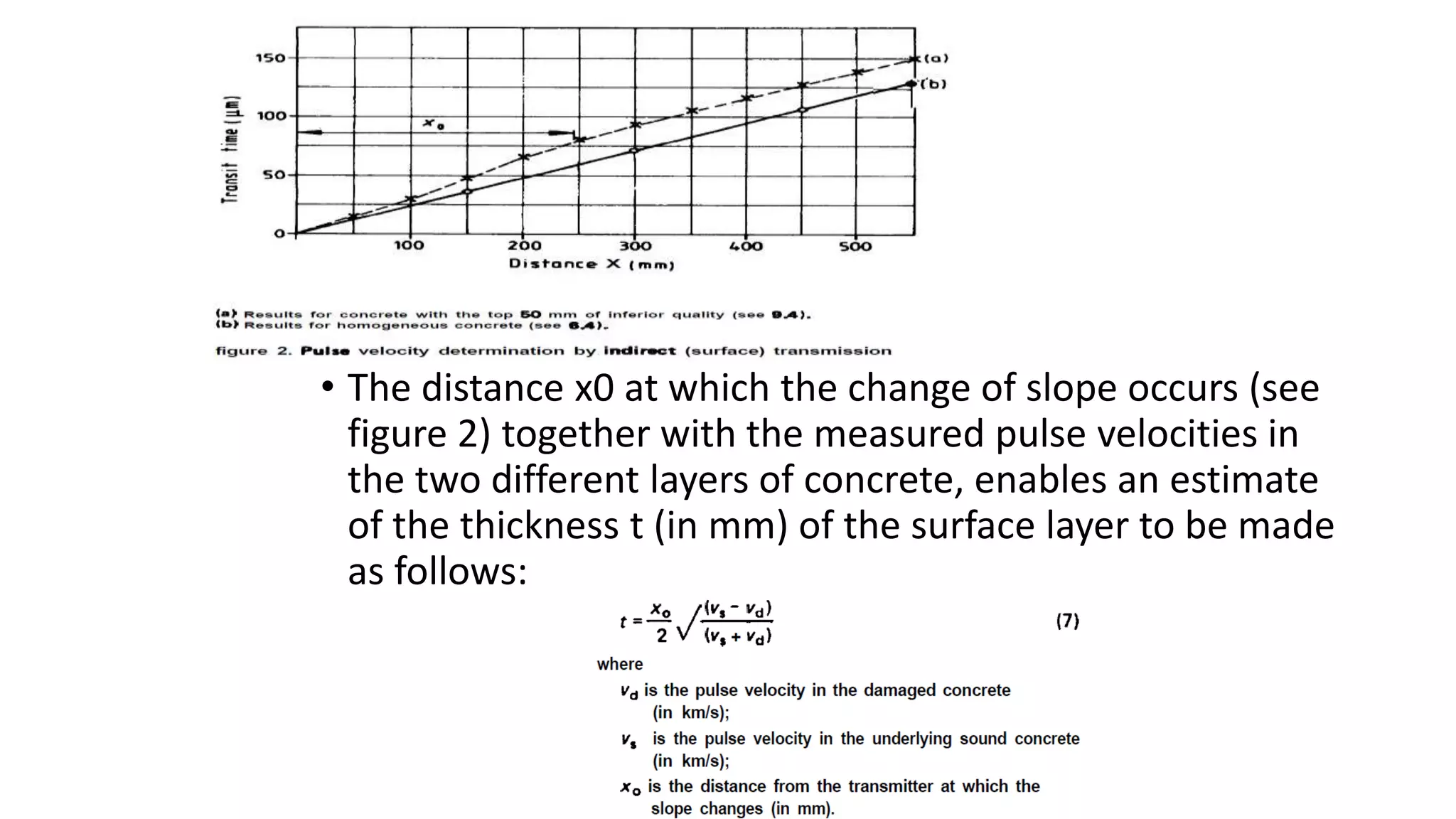 • The distance x0 at which the change of slope occurs (see
figure 2) together with the measured pulse velocities in
the two different layers of concrete, enables an estimate
of the thickness t (in mm) of the surface layer to be made
as follows:
 