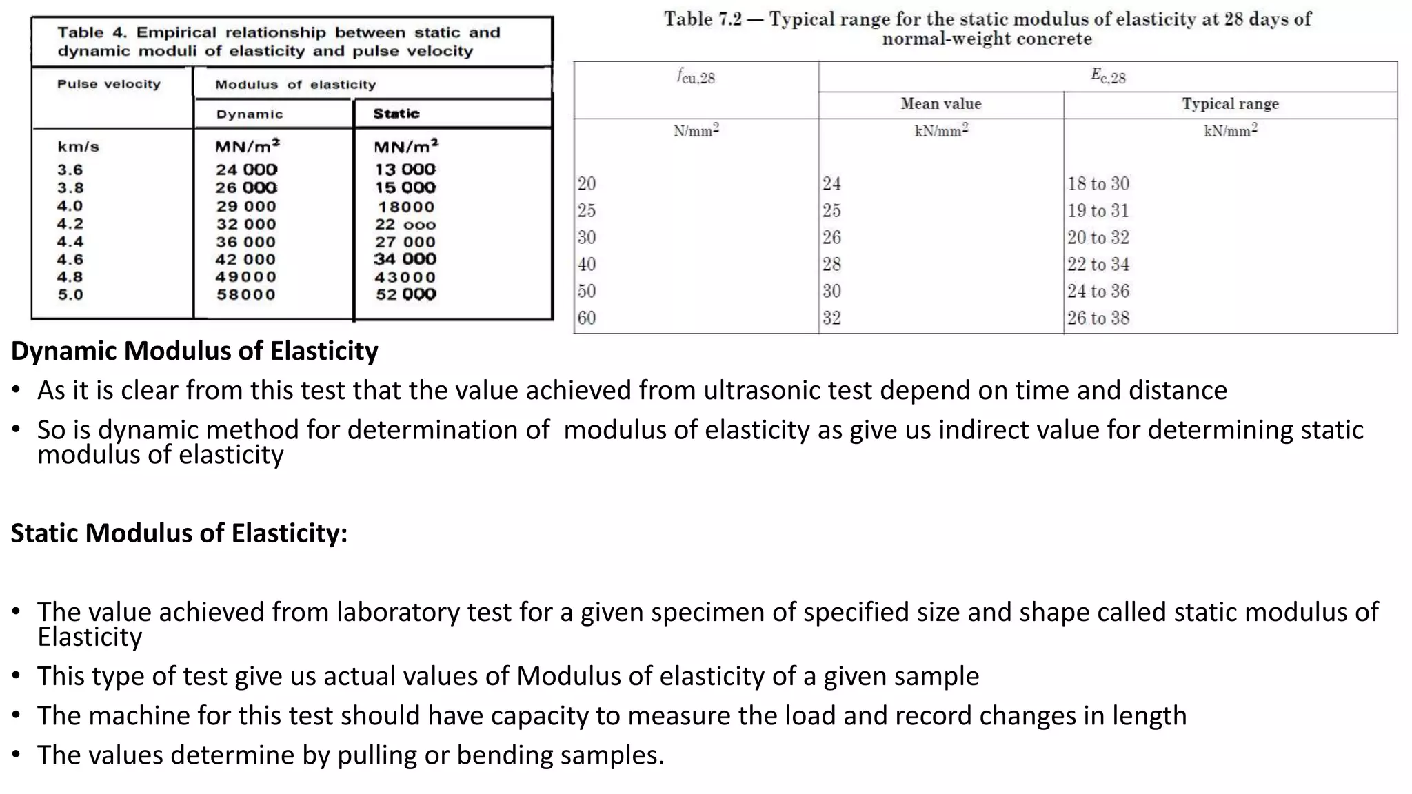 Dynamic Modulus of Elasticity
• As it is clear from this test that the value achieved from ultrasonic test depend on time and distance
• So is dynamic method for determination of modulus of elasticity as give us indirect value for determining static
modulus of elasticity
Static Modulus of Elasticity:
• The value achieved from laboratory test for a given specimen of specified size and shape called static modulus of
Elasticity
• This type of test give us actual values of Modulus of elasticity of a given sample
• The machine for this test should have capacity to measure the load and record changes in length
• The values determine by pulling or bending samples.
 