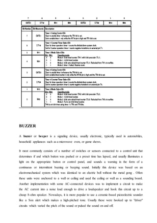 BUZZER
A buzzer or beeper is a signaling device, usually electronic, typically used in automobiles,
household appliances such as a microwave oven, or game shows.
It most commonly consists of a number of switches or sensors connected to a control unit that
determines if and which button was pushed or a preset time has lapsed, and usually illuminates a
light on the appropriate button or control panel, and sounds a warning in the form of a
continuous or intermittent buzzing or beeping sound. Initially this device was based on an
electromechanical system which was identical to an electric bell without the metal gong . Often
these units were anchored to a wall or ceiling and used the ceiling or wall as a sounding board.
Another implementation with some AC-connected devices was to implement a circuit to make
the AC current into a noise loud enough to drive a loudspeaker and hook this circuit up to a
cheap 8-ohm speaker. Nowadays, it is more popular to use a ceramic-based piezoelectric sounder
like a Son alert which makes a high-pitched tone. Usually these were hooked up to "driver"
circuits which varied the pitch of the sound or pulsed the sound on and off.
 