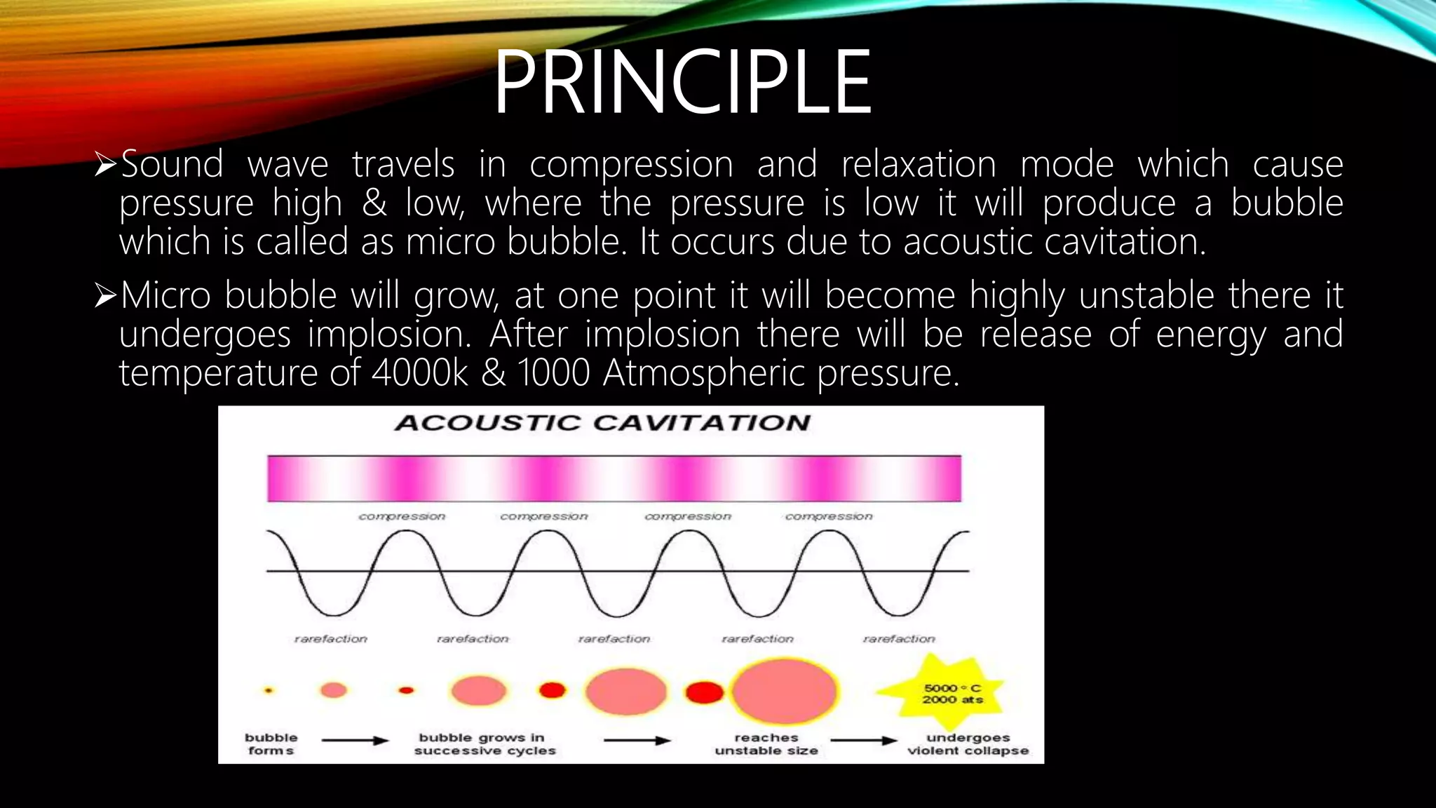 PRINCIPLE
Sound wave travels in compression and relaxation mode which cause
pressure high & low, where the pressure is low it will produce a bubble
which is called as micro bubble. It occurs due to acoustic cavitation.
Micro bubble will grow, at one point it will become highly unstable there it
undergoes implosion. After implosion there will be release of energy and
temperature of 4000k & 1000 Atmospheric pressure.
 