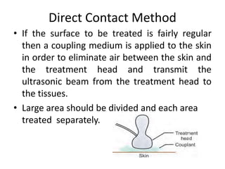 Direct Contact Method
• If the surface to be treated is fairly regular
then a coupling medium is applied to the skin
in order to eliminate air between the skin and
the treatment head and transmit the
ultrasonic beam from the treatment head to
the tissues.
• Large area should be divided and each area
treated separately.
 