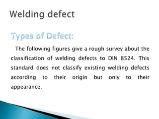 The following figures give a rough survey about the
classification of welding defects to DIN 8524. This
standard does not classify existing welding defects
according to their origin but only to their
appearance.
 