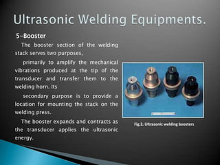 5-Booster
The booster section of the welding
stack serves two purposes,
primarily to amplify the mechanical
vibrations produced at the tip of the
transducer and transfer them to the
welding horn. Its
secondary purpose is to provide a
location for mounting the stack on the
welding press.
The booster expands and contracts as
the transducer applies the ultrasonic
energy.
Fig.2. Ultrasonic welding boosters
 