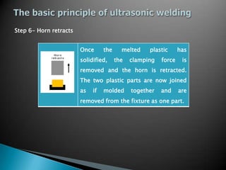 Once the melted plastic has
solidified, the clamping force is
removed and the horn is retracted.
The two plastic parts are now joined
as if molded together and are
removed from the fixture as one part.
Step 6- Horn retracts
 