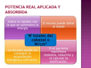 Indica la rapidez con
la que se suministra la
energía
El exceso puede dañar
al tejido
La escasez puede no
conseguir la
acumulación
energética suficiente.
Si el paciente
manifiesta
molestia, reducirla y
re calcular la
dosificación.
W totales del
cabezal o
W/cm2
 
