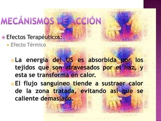  Efectos Terapéuticos:
 Efecto Térmico
 La energía del US es absorbida por los
tejidos que son atravesados por el haz, y
esta se transforma en calor.
 El flujo sanguíneo tiende a sustraer calor
de la zona tratada, evitando así que se
caliente demasiado.
 