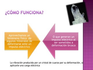 Aprovechamos un
fenómeno físico de
algunos minerales de
deformarse ante un
impulso eléctrico
O que generan un
impulso eléctrico al
ser sometidos a
deformación brusca
La vibración producida por un cristal de cuarzo por su deformación, al
aplicarle una carga eléctrica
 