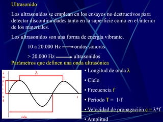 Ultrasonido
Los ultrasonidos se emplean en los ensayos no destructivos para
detectar discontinuidades tanto en la superficie como en el interior
de los materiales.
Los ultrasonidos son una forma de energía vibrante.
       10 a 20.000 Hz        ondas sonoras
      > 20.000 Hz          ultrasonidos
Parámetros que definen una onda ultrasónica
                                • Longitud de onda λ
                                  • Ciclo
                                  • Frecuencia f
                                  • Periodo T = 1/f
                                  • Velocidad de propagación c = λ*f
                                  • Amplitud
 