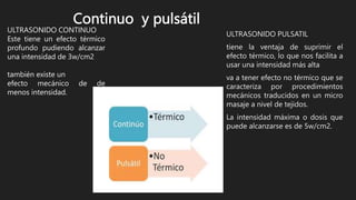Continuo y pulsátil
ULTRASONIDO PULSATIL
tiene la ventaja de suprimir el
efecto térmico, lo que nos facilita a
usar una intensidad más alta
va a tener efecto no térmico que se
caracteriza por procedimientos
mecánicos traducidos en un micro
masaje a nivel de tejidos.
La intensidad máxima o dosis que
puede alcanzarse es de 5w/cm2.
ULTRASONIDO CONTINUO
Este tiene un efecto térmico
profundo pudiendo alcanzar
una intensidad de 3w/cm2
también existe un
efecto mecánico de de
menos intensidad.
 
