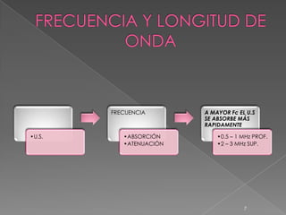 FRECUENCIA       A MAYOR Fc EL U.S
                         SE ABSORBE MÁS
                         RAPIDAMENTE

•U.S.      •ABSORCIÓN        •0.5 – 1 MHz PROF.
           •ATENUACIÓN       •2 – 3 MHz SUP.




                                      7
 