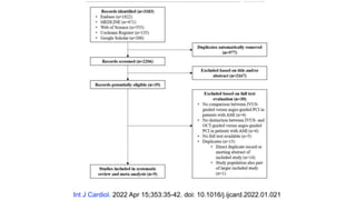 Esta es la primera revisión sistemática y
metanálisis que compara la PCI guiada por IVUS
versus la angioguiada en pacientes con IAM, y muestra
un efecto beneficioso de la PCI guiada por IVUS en la
mortalidad por todas las causas, MACE y TVR. Se
necesitan resultados de estudios prospectivos dedicados
en curso para confirmar estos hallazgos.
Int J Cardiol. 2022 Apr 15;353:35-42. doi: 10.1016/j.ijcard.2022.01.021.
 