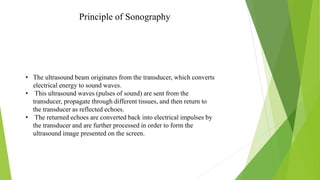 Principle of Sonography
• The ultrasound beam originates from the transducer, which converts
electrical energy to sound waves.
• This ultrasound waves (pulses of sound) are sent from the
transducer, propagate through different tissues, and then return to
the transducer as reflected echoes.
• The returned echoes are converted back into electrical impulses by
the transducer and are further processed in order to form the
ultrasound image presented on the screen.
 