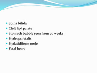  Spina bifida
 Cleft lip/ palate
 Stomach bubble seen from 20 weeks
 Hydrops fetalis
 Hydatidiform mole
 Fetal heart
 