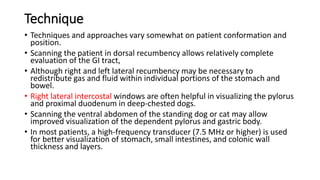 Technique
• Techniques and approaches vary somewhat on patient conformation and
position.
• Scanning the patient in dorsal recumbency allows relatively complete
evaluation of the GI tract,
• Although right and left lateral recumbency may be necessary to
redistribute gas and fluid within individual portions of the stomach and
bowel.
• Right lateral intercostal windows are often helpful in visualizing the pylorus
and proximal duodenum in deep-chested dogs.
• Scanning the ventral abdomen of the standing dog or cat may allow
improved visualization of the dependent pylorus and gastric body.
• In most patients, a high-frequency transducer (7.5 MHz or higher) is used
for better visualization of stomach, small intestines, and colonic wall
thickness and layers.
 