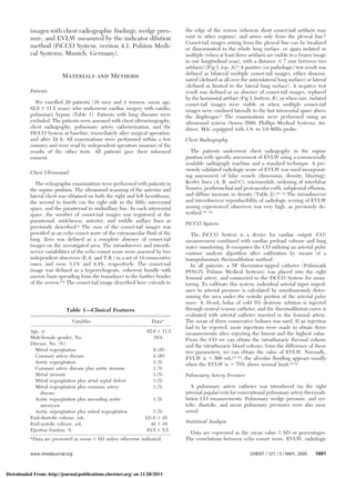 images with chest radiographic findings, wedge pres-
sure, and EVLW measured by the indicator dilution
method (PiCCO System, version 4.1; Pulsion Medi-
cal Systems; Munich, Germany).
Materials and Methods
Patients
We enrolled 20 patients (16 men and 4 women; mean age,
62.6 Ϯ 11.5 years) who underwent cardiac surgery with cardio-
pulmonary bypass (Table 1). Patients with lung diseases were
excluded. The patients were assessed with chest ultrasonography,
chest radiography, pulmonary artery catheterization, and the
PiCCO System at baseline, immediately after surgical operation,
and after 24 h. All examinations were performed within a few
minutes and were read by independent operators unaware of the
results of the other tests. All patients gave their informed
consent.
Chest Ultrasound
The echographic examinations were performed with patients in
the supine position. The ultrasound scanning of the anterior and
lateral chest was obtained on both the right and left hemithorax,
the second to fourth (on the right side to the fifth) intercostal
space, and the parasternal to midaxillary line. In each intercostal
space, the number of comet-tail images was registered at the
parasternal, midclavear, anterior, and middle axillary lines as
previously described.9 The sum of the comet-tail images was
provided as an echo comet score of the extravascular fluid of the
lung. Zero was defined as a complete absence of comet-tail
images on the investigated area. The intraobserver and interob-
server variabilities of the echo comet score were assessed by two
independent observers (E.A. and T.B.) in a set of 10 consecutive
cases, and were 3.1% and 4.4%, respectively. The comet-tail
image was defined as a hyperechogenic, coherent bundle with
narrow basis spreading from the transducer to the further border
of the screen.5,6 The comet-tail image described here extends to
the edge of the screen (whereas short comet-tail artifacts may
exist in other regions), and arises only from the pleural line.6
Comet-tail images arising from the pleural line can be localized
or disseminated to the whole lung surface, or again isolated or
multiple (when at least three artifacts are visible in a frozen image
in one longitudinal scan), with a distance Յ 7 mm between two
artifacts) [Fig 1, top, A].6 A positive (or pathologic) test result was
defined as bilateral multiple comet-tail images, either dissemi-
nated (defined as all over the anterolateral lung surface) or lateral
(defined as limited to the lateral lung surface). A negative test
result was defined as an absence of comet-tail images, replaced
by the horizontal artifact (Fig 1, bottom, B), or when rare, isolated
comet-tail images were visible or when multiple comet-tail
images were confined laterally to the last intercostal space above
the diaphragm.6 The examinations were performed using an
ultrasound system (Sonos 5500; Phillips Medical Systems; An-
dover, MA) equipped with 1.8- to 3.6-MHz probe.
Chest Radiography
The patients underwent chest radiography in the supine
position with specific assessment of EVLW using a commercially
available radiograph machine and a standard technique. A pre-
viously validated radiologic score of EVLW was used incorporat-
ing assessment of hilar vessels (dimension, density, blurring),
Kerley lines (A, B, and C), micronoduli, widening of interlobar
fissures, peribronchial and perivascular cuffs, subpleural effusion,
and diffuse increase in density (Table 2).10–12 The intraobserver
and interobserver reproducibility of radiologic scoring of EVLW
among experienced observers was very high, as previously de-
scribed.10–12
PiCCO System
The PiCCO System is a device for cardiac output (CO)
measurement combined with cardiac preload volume and lung
water monitoring. It computes the CO utilizing an arterial pulse
contour analysis algorithm after calibration by means of a
transpulmonary thermodilution method.
In all patients, a 5F thermistor-tipped catheter (Pulsiocath
PV8115; Pulsion Medical Systems) was placed into the right
femoral artery, and connected to the PiCCO System for moni-
toring. To calibrate this system, individual arterial input imped-
ance to arterial pressure is calculated by simultaneously deter-
mining the area under the systolic portion of the arterial pulse
wave. A 10-mL bolus of cold 5% dextrose solution is injected
through central venous catheter, and the thermodilution curve is
evaluated with arterial catheter inserted in the femoral artery.
The mean of three consecutive boluses was used. If an injection
had to be rejected, more injections were made to obtain three
measurements after rejecting the lowest and the highest value.
From the CO we can obtain the intrathoracic thermal volume
and the intrathoracic blood volume; from the difference of these
two parameters, we can obtain the value of EVLW. Normally,
EVLW is Ͻ 500 mL13–15; the alveolar flooding appears usually
when the EVLW is Ͼ 75% above normal limit.15,16
Pulmonary Artery Pressure
A pulmonary artery catheter was introduced via the right
internal jugular vein for conventional pulmonary artery thermodi-
lution CO measurements. Pulmonary wedge pressure, and sys-
tolic, diastolic, and mean pulmonary pressures were also mea-
sured.
Statistical Analysis
Data are expressed as the mean value Ϯ SD or percentages.
The correlations between echo comet score, EVLW, radiologic
Table 1—Clinical Features
Variables Data*
Age, yr 62.6 Ϯ 11.5
Male/female gender, No. 16/4
Disease, No. (%)
Mitral regurgitation 9 (45)
Coronary artery disease 4 (20)
Aortic regurgitation 1 (5)
Coronary artery disease plus aortic stenosis 1 (5)
Mitral stenosis 1 (5)
Mitral regurgitation plus atrial septal defect 1 (5)
Mitral regurgitation plus coronary artery
disease
1 (5)
Aortic regurgitation plus ascending aortic
aneurysm
1 (5)
Aortic regurgitation plus mitral regurgitation 1 (5)
End-diastolic volume, mL 121.6 Ϯ 45
End-systolic volume, mL 44 Ϯ 19
Ejection fraction, % 63.5 Ϯ 5.5
*Data are presented as mean Ϯ SD unless otherwise indicated.
www.chestjournal.org CHEST / 127 / 5 / MAY, 2005 1691
Downloaded From: http://journal.publications.chestnet.org/ on 11/28/2013
 