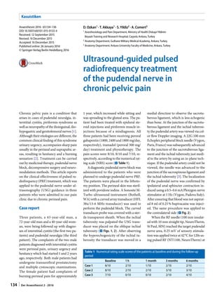 Chronic pelvic pain is a condition that
arises in cases of pudendal neuralgia, in-
terstitial cystitis, piriformis syndrome as
well as neuropathy of the ilioinguinal, ilio-
hypogastric and genitofemoral nerves [1].
Although their etiologies are different, the
common clinical finding of this syndrome
urinary urgency, accompanies sharp pain
usually in the perineal and suprapubic ar-
eas, resulting in hesitancy and a burning
sensation [2]. Treatment can be carried
out by medicinal therapy, pudendal nerve
block, decompressive surgery and neuro-
modulation methods. This article reports
on the clinical effectiveness of pulsed ra-
diofrequency (PRF) treatment, which was
applied to the pudendal nerve under ul-
trasonography (USG) guidance in three
patients who were admitted to our pain
clinic due to chronic perineal pain.
Case report
Three patients, a 65-year-old man, a
72-year-old man and a 40-year-old wom-
an, were being followed up with diagno-
ses of interstitial cystitis (the first two pa-
tients) and pudendal neuralgia (the third
patient). The complaints of the two male
patients diagnosed with interstitial cystitis
were perineal pain, urinary urgency and
hesitancy which had started 1 and 2 years
ago, respectively. Both male patients had
undergone transurethral prostatectomy
and multiple cystoscopic examinations.
The female patient had complaints of
burning perineal pain for approximately
1 year, which increased while sitting and
was spreading to the gluteal area. The pa-
tient had been treated with epidural ste-
roid injections and piriformis muscle in-
jections because of a misdiagnosis. All
three patients had been receiving peroral
gabapentin (1800, 2400 and 1800 mg/day,
respectively), tramadol (peroral 300 mg/
day) treatment and physiotherapy. The
pain scores were 8/10, 8/10 and 7/10, re-
spectively, according to the numerical rat-
ing scale (NRS) score (. Table 1).
A diagnostic pudendal nerve block was
administered to the patients who were
planned to undergo pudendal nerve PRF.
The patients were placed in the lithoto-
my position. The perineal skin was steril-
ized with povidone iodine. A Sonosite M-
Turbo ultrasound instrument (Bothell,
WA) with a curved array transducer (HFL
38x/13-6 MHz transducer) was used to
perform the pudendal block. The curved
transducer probe was covered with a ster-
ile transparent sheath. When the ischial
tuberosity was palpated the USG trans-
ducer was placed on the oblique ischial
tuberosity (. Figs. 1, 2). After observing
the hyperechogenicity of the ischial tu-
berosity the transducer was moved in a
medial direction to observe the sacrotu-
berous ligament, which is less echogenic
than bone. At the junction of the sacrotu-
berous ligament and the ischial tuberosi-
ty the pudendal artery was viewed via col-
or flow Doppler imaging. A 22G 100 mm
Echoplex peripheral block needle (Vygon,
Paris, France) was subsequently advanced
to the junction of the sacrotuberous liga-
ment and the ischial tuberosity just medi-
al to the artery by using an in-plane tech-
nique. If the pudendal artery could not be
viewed, the needle was advanced to the
junction of the sacrospinous ligament and
the ischial tuberosity [3]. The localization
of the pudendal nerve was confirmed by
ipsilateral anal sphincter contraction in-
duced using a 0.5–0.6 mA Plexygon nerve
stimulator at 1 Hz (Vygon, Padova Italy).
After ensuring that blood was not aspirat-
ed 8 ml of 0.25% bupivacaine was inject-
ed. The same procedure was applied to
the contralateral side (. Fig. 2).
When the RF needle (100 mm insulat-
ed with 10 mm straight tip, NeuroTherm,
St Paul, MN) reached the target pudendal
nerve area, 0.25 mV of sensory stimula-
tion was applied twice at 42°C for 120s us-
ing pulsed RF (NT1100, NeuroTherm) at
D. Ozkan1 ·T. Akkaya1 · S. Yildiz2 · A. Comert3
1 Anesthesiology and Pain Department, Ministry of Health DiskapiYildirim
BeyazitTraining and Research Hospital, Cayyolu Ankara,Turkey
2 Anatomy Department, Gulhane Military Medical Academy, Ankara,Turkey
3 Anatomy Department, Ankara University Faculty of Medicine, Ankara,Turkey
Ultrasound-guided pulsed
radiofrequency treatment
of the pudendal nerve in
chronic pelvic pain
Anaesthesist 2016 · 65:134–136
DOI 10.1007/s00101-015-0133-4
Received: 12 September 2015
Revised: 16 December 2015
Accepted: 16 December 2015
Published online: 26 January 2016
© Springer-Verlag Berlin Heidelberg 2016
Table 1 Numerical rating scale scores of the patients at baseline and during the follow-up
period
Baseline 1 h 1 month 3 months 6 months
Case 1 8/10 2/10 1/10 2/10 2/10
Case 2 8/10 2/10 2/10 3/10 3/10
Case 3 7/10 0/10 0/10 2/10 4/10
134 | Der Anaesthesist 2 · 2016
Kasuistiken
 