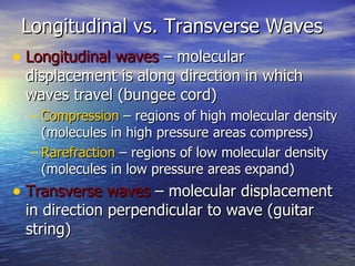 Longitudinal vs. Transverse Waves Longitudinal waves  – molecular displacement is along direction in which waves travel (bungee cord) Compression  – regions of high molecular density (molecules in high pressure areas compress) Rarefraction  – regions of low molecular density (molecules in low pressure areas expand) Transverse waves  – molecular displacement in direction perpendicular to wave (guitar string) 