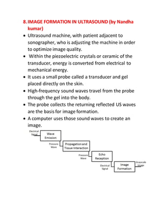 8.IMAGE FORMATION IN ULTRASOUND (by Nandha
kumar)
 Ultrasound machine, with patient adjacent to
sonographer, who is adjusting the machine in order
to optimize image quality.
 Within the piezoelectric crystals or ceramic of the
transducer, energy is converted from electrical to
mechanical energy.
 It uses a smallprobe called a transducer and gel
placed directly on the skin.
 High-frequency sound waves travel from the probe
through the gel into the body.
 The probe collects the returning reflected US waves
are the basis for image formation.
 A computer uses those sound waves to create an
image.
 