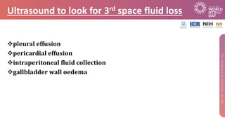 Ultrasound to look for 3rd space fluid loss
❖pleural effusion
❖pericardial effusion
❖intraperitoneal fluid collection
❖gal...