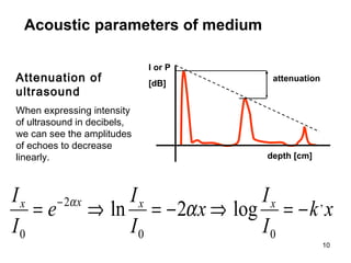 Acoustic parameters of medium Attenuation of ultrasound  When expressing intensity of ultrasound in decibels, we can see the amplitudes of echoes to decrease linearly . depth   [cm] I or P [dB] attenuation 