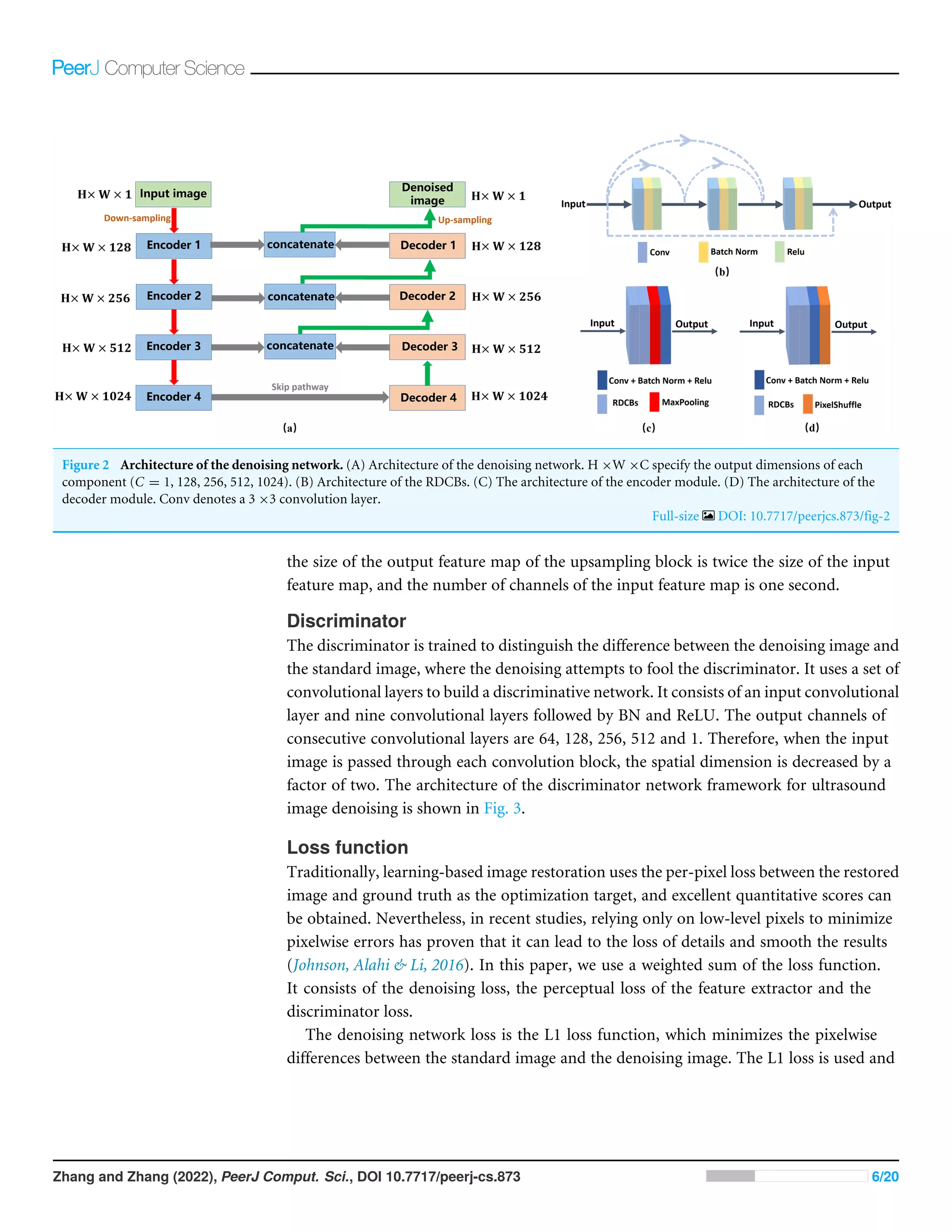 Figure 2 Architecture of the denoising network. (A) Architecture of the denoising network. H ×W ×C specify the output dimensions of each
component (C = 1, 128, 256, 512, 1024). (B) Architecture of the RDCBs. (C) The architecture of the encoder module. (D) The architecture of the
decoder module. Conv denotes a 3 ×3 convolution layer.
Full-size DOI: 10.7717/peerjcs.873/fig-2
the size of the output feature map of the upsampling block is twice the size of the input
feature map, and the number of channels of the input feature map is one second.
Discriminator
The discriminator is trained to distinguish the difference between the denoising image and
the standard image, where the denoising attempts to fool the discriminator. It uses a set of
convolutional layers to build a discriminative network. It consists of an input convolutional
layer and nine convolutional layers followed by BN and ReLU. The output channels of
consecutive convolutional layers are 64, 128, 256, 512 and 1. Therefore, when the input
image is passed through each convolution block, the spatial dimension is decreased by a
factor of two. The architecture of the discriminator network framework for ultrasound
image denoising is shown in Fig. 3.
Loss function
Traditionally, learning-based image restoration uses the per-pixel loss between the restored
image and ground truth as the optimization target, and excellent quantitative scores can
be obtained. Nevertheless, in recent studies, relying only on low-level pixels to minimize
pixelwise errors has proven that it can lead to the loss of details and smooth the results
(Johnson, Alahi  Li, 2016). In this paper, we use a weighted sum of the loss function.
It consists of the denoising loss, the perceptual loss of the feature extractor and the
discriminator loss.
The denoising network loss is the L1 loss function, which minimizes the pixelwise
differences between the standard image and the denoising image. The L1 loss is used and
Zhang and Zhang (2022), PeerJ Comput. Sci., DOI 10.7717/peerj-cs.873 6/20
 
