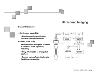 Ultrasound Imaging
Doppler Ultrasound


 Continuous wave (CW)
   Continuous sinusoidal wave,
  hence no depth information
 Pulsed Wave (PW)
    Pulsed waves along one scan line
  at constant pulse repetition
  frequency
   Only information of one spatial
  position
    Sample each reflected pulse at a
  fixed time (range gate)




                                              Introduction to Biomedical Imaging
 