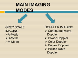 MAIN IMAGING
MODES
GREY SCALE
IMAGING
A-Mode
B-Mode
M-Mode
DOPPLER IMAGING
 Continuous wave
Doppler
 Power Doppler
 ...