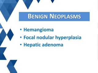 • Hemangioma
• Focal nodular hyperplasia
• Hepatic adenoma
BENIGN NEOPLASMS
 