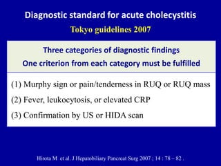 Diagnostic standard for acute cholecystitis
Tokyo guidelines 2007
Hirota M et al. J Hepatobiliary Pancreat Surg 2007 ; 14 ...