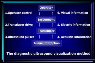 1.Operator control 6. Visual information
2.Transducer drive 5. Electric information
3.Ultrasound pulses 4. Acoustic information
The diagnostic ultrasound visualization method
Operator
Instrument
Transducer
Tissue interaction
 