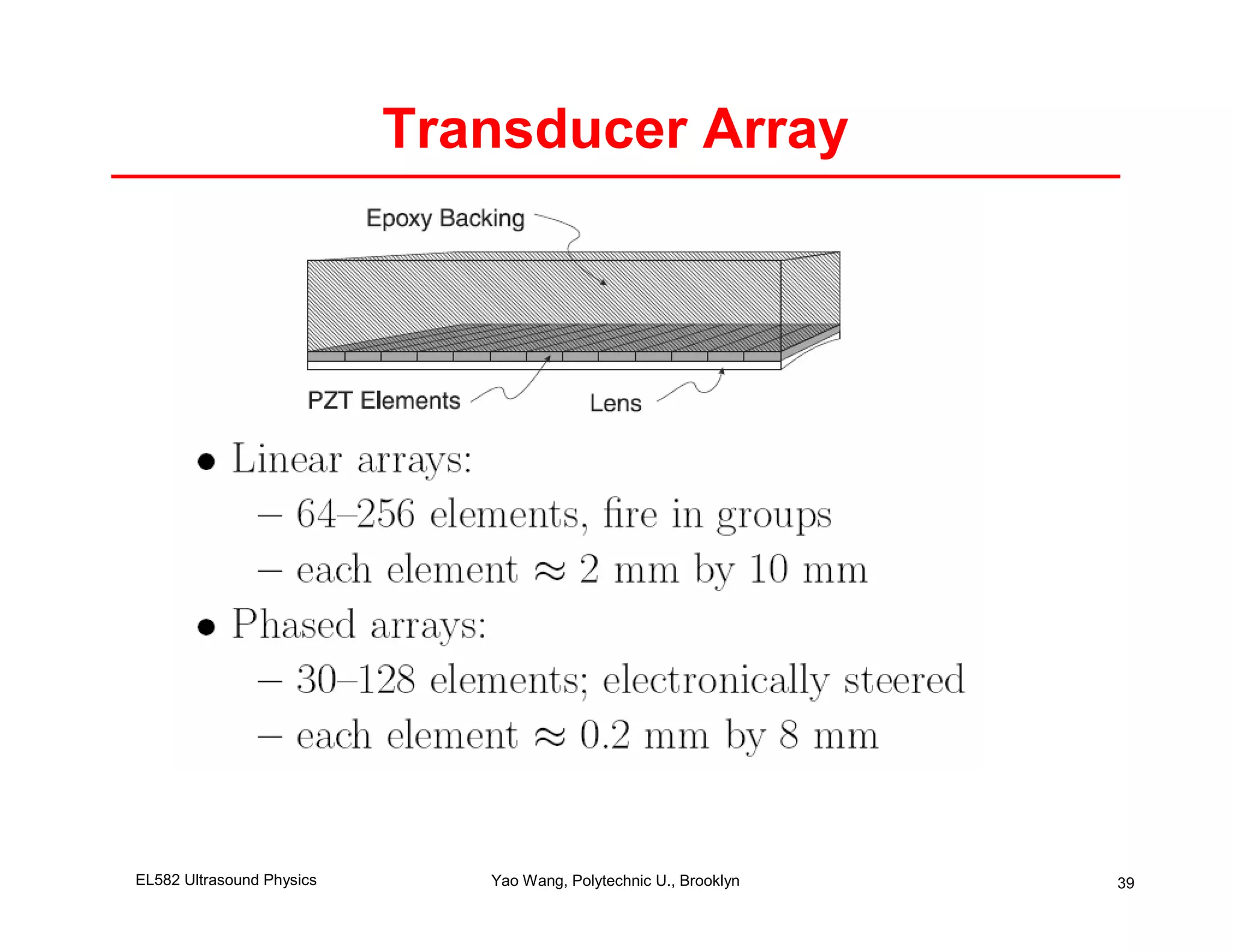 Transducer Array




EL582 Ultrasound Physics      Yao Wang, Polytechnic U., Brooklyn   39
 