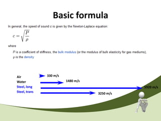 Basic formula




Air            330 m/s
Water                    1480 m/s
Steel, long                                    5920 m/s
Steel, trans                        3250 m/s
 