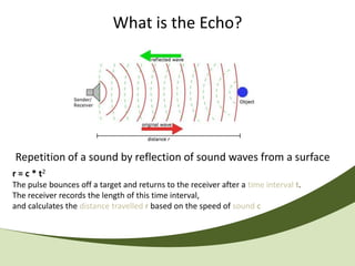 What is the Echo?




Repetition of a sound by reflection of sound waves from a surface
r = c * t2
The pulse bounces off a target and returns to the receiver after a time interval t.
The receiver records the length of this time interval,
and calculates the distance travelled r based on the speed of sound c
 