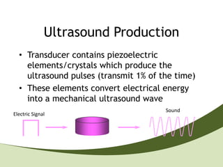 Ultrasound Production
  • Transducer contains piezoelectric
    elements/crystals which produce the
    ultrasound pulses (transmit 1% of the time)
  • These elements convert electrical energy
    into a mechanical ultrasound wave
                                       Sound
Electric Signal
 