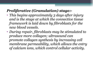 Proliferative (Granulation) stage:-
• This begins approximately 3 days after injury
and is the stage at which the connective tissue
framework is laid down by fibroblasts for the
new blood vessels.
• During repair, fibroblasts may be stimulated to
produce more collagen; ultrasound can
promote collagen synthesis by increasing cell
membrane permeability, which allows the entry
of calcium ions, which control cellular activity.
 