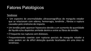 Fatores Patológicos
Tendinose
• Um espectro de anormalidades ultrassonográficas do manguito rotador
que se relacionam com edema, hemorragia, tendinite , fibrose e ruptura
causados pelo síndrome do impacto.
• Um tendão pode aparecer hipoecoico devido a um aumento da quantidade
de líquido e/ou depósitos amiloide dentro e entre as fibras do tendão.
• É frequente nas rupturas sem diástases.
• Frequentemente coexiste com rupturas parciais do manguito rotador e
estas podem ser de difícil detecção quando localizadas em uma área de
tendinose.
 