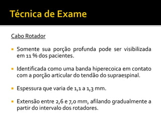 Cabo Rotador
 Somente sua porção profunda pode ser visibilizada
em 11 % dos pacientes.
 Identificada como uma banda hiperecoica em contato
com a porção articular do tendão do supraespinal.
 Espessura que varia de 1,1 a 1,3 mm.
 Extensão entre 2,6 e 7,0 mm, afilando gradualmente a
partir do intervalo dos rotadores.
 
