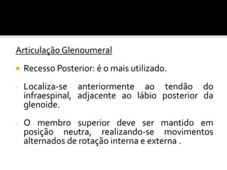 Articulação Glenoumeral
 Recesso Posterior: é o mais utilizado.
- Localiza-se anteriormente ao tendão do
infraespinal, adjacente ao lábio posterior da
glenoide.
- O membro superior deve ser mantido em
posição neutra, realizando-se movimentos
alternados de rotação interna e externa .
 