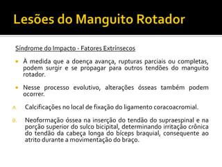Síndrome do Impacto - Fatores Extrínsecos
 À medida que a doença avança, rupturas parciais ou completas,
podem surgir e se propagar para outros tendões do manguito
rotador.
 Nesse processo evolutivo, alterações ósseas também podem
ocorrer.
A. Calcificações no local de fixação do ligamento coracoacromial.
B. Neoformação óssea na inserção do tendão do supraespinal e na
porção superior do sulco bicipital, determinando irritação crônica
do tendão da cabeça longa do bíceps braquial, consequente ao
atrito durante a movimentação do braço.
 