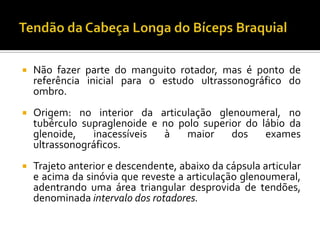  Não fazer parte do manguito rotador, mas é ponto de
referência inicial para o estudo ultrassonográfico do
ombro.
 Origem: no interior da articulação glenoumeral, no
tubérculo supraglenoide e no polo superior do lábio da
glenoide, inacessíveis à maior dos exames
ultrassonográficos.
 Trajeto anterior e descendente, abaixo da cápsula articular
e acima da sinóvia que reveste a articulação glenoumeral,
adentrando uma área triangular desprovida de tendões,
denominada intervalo dos rotadores.
 